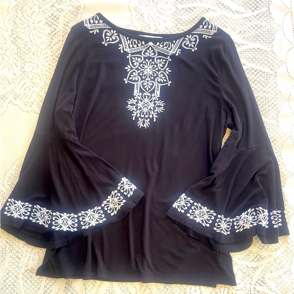 Allison Daley Black Embellished Blouse with White Details